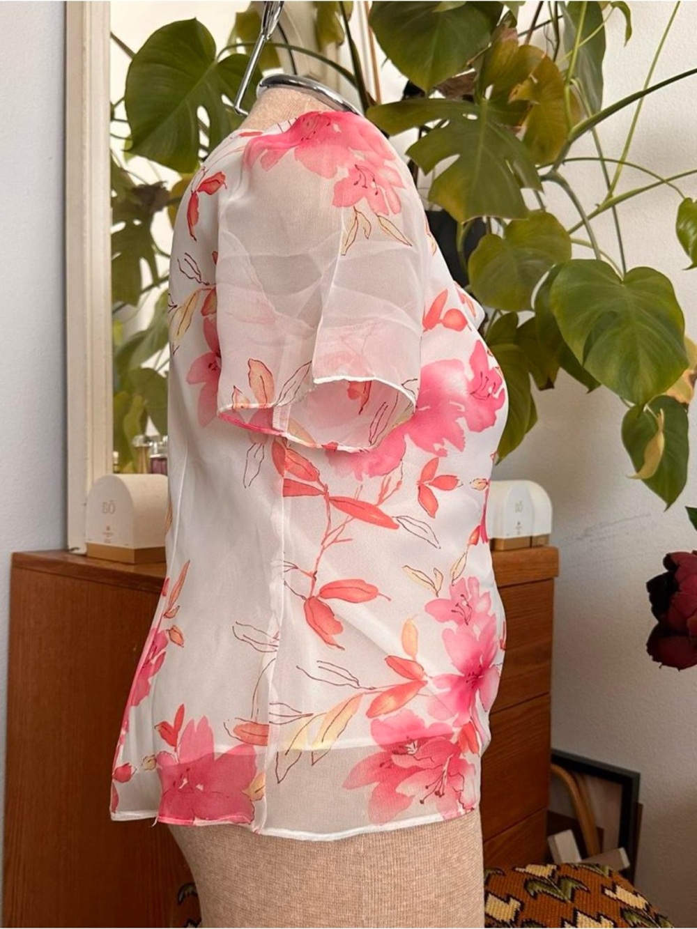 Y2K Sheer White Blouse and skirt set with Pink Floral Print - Picture 3 of 6
